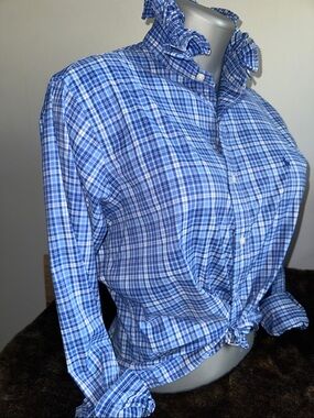 Polo by Ralph Lauren Blue and White Plaid Ruffle collar Shirt